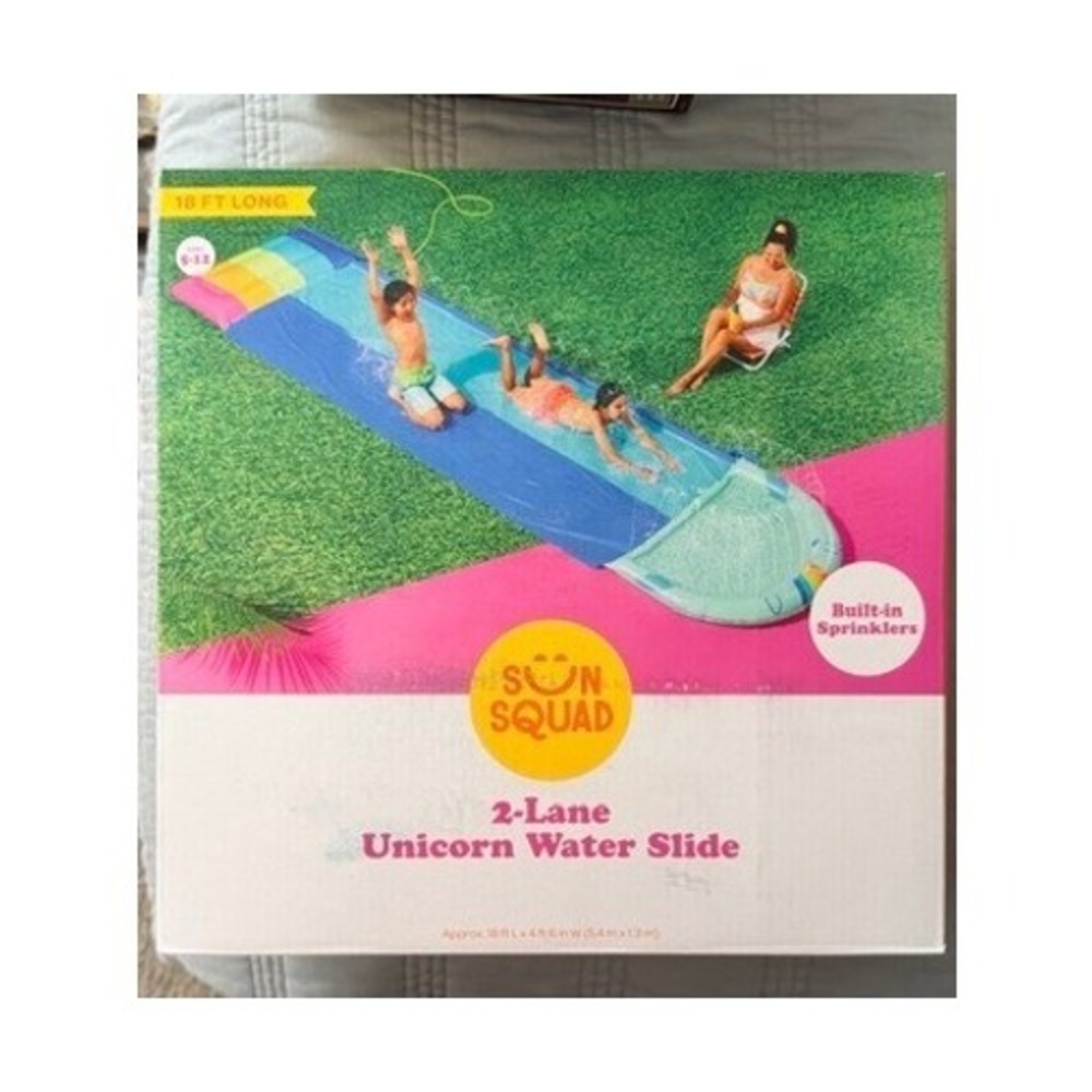 Sun Squad Water Slide Kids OS Multicolor NEW 2-Lane Unicorn 18ft Sprinkler Slip